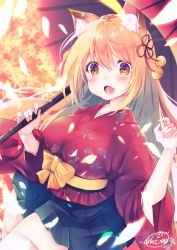 Rule 34 | 1girl, :d, ahoge, animal ear fluff, animal ears, blonde hair, blurry, blush, breasts, chita (ketchup), cowboy shot, depth of field, dutch angle, fang, floral print, fox ears, fox girl, gradient hair, hair between eyes, hair ornament, highres, holding, holding umbrella, japanese clothes, kimono, large breasts, leaf, leaf background, long hair, looking at viewer, maple leaf, multicolored hair, oil-paper umbrella, open mouth, original, pleated skirt, red eyes, sash, signature, skirt, smile, solo, thighhighs, twitter username, umbrella, white thighhighs, wide sleeves