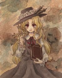 Rule 34 | 1girl, ancient, blonde hair, book, brown hat, brown skirt, brown vest, collared shirt, commentary request, cross, eyelashes, frilled hat, frills, hat, hat feather, holding, holding book, holding cross, io (maryann blue), jacket girl (dipp), long hair, long sleeves, looking at viewer, open mouth, red eyes, red ribbon, ribbon, shirt, skirt, touhou, very long hair, vest, wavy hair, white shirt