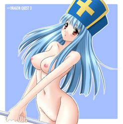 Rule 34 | 1girl, blue background, blue hair, blush, breasts, chunsoft, copyright name, dragon quest, dragon quest iii, enix, hat, long hair, mitre, nipples, nude, priest (dq3), red eyes, solo