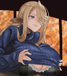 Rule 34 | 1boy, 1girl, animal ears, black bra, blonde hair, blue eyes, blue sweater, bra, breasts, centaur, centorea shianus, cleavage, clothes lift, eyes visible through hair, grabbing, grabbing another&#039;s breast, hair over one eye, hetero, horse ears, huge breasts, imaani, implied paizuri, indoors, long hair, monster girl, monster musume no iru nichijou, paizuri, paizuri under clothes, pointy ears, resized, smile, solo focus, source request, sweater, sweater lift, taur, turtleneck, turtleneck sweater, underwear