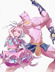 Rule 34 | 1girl, 1other, absurdres, arms up, blue hair, blue ribbon, crossover, fang, frilled skirt, frills, hair ornament, hair ribbon, hamachamu, highres, holding, idol, idolmaster, idolmaster cinderella girls, jojo no kimyou na bouken, killer queen, looking at viewer, midriff peek, multicolored hair, open mouth, pink eyes, pink hair, pink shirt, pink skirt, ribbon, shirt, sidelocks, simple background, skirt, stand (jojo), thighhighs, white background, yumemi riamu