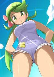 Rule 34 | 1girl, apron, arms behind back, bare arms, bare legs, blue sky, blush, breasts, cameltoe, closed mouth, cloud, cowboy shot, creatures (company), cropped legs, dark-skinned female, dark skin, day, endou masatoshi, flower, flower on head, from below, game freak, green eyes, green hair, hair ornament, legs, looking at viewer, looking down, mallow (pokemon), nintendo, no panties, overalls, partially visible vulva, pink shirt, pokemon, pokemon sm, shirt, shorts, sky, sleeveless, smile, solo, standing, sunlight, swept bangs, thighs, trial captain, twintails, underboob, upshorts