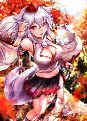 Rule 34 | 1girl, animal ears, autumn, autumn leaves, bare shoulders, black skirt, breasts, cleavage, cleavage cutout, clothing cutout, commentary, commentary request, detached sleeves, forest, groin, hand in own hair, hat, highres, inubashiri momiji, large breasts, leaf, looking at viewer, maple leaf, mayonaka taruho, medium skirt, midriff, multicolored clothes, multicolored skirt, nature, navel, pom pom (clothes), red eyes, red skirt, ribbon-trimmed sleeves, ribbon trim, shirt, short hair, silver hair, skirt, sleeveless, sleeveless shirt, solo, sword, tail, tokin hat, touhou, tree, turtleneck, weapon, white shirt, wolf ears, wolf tail