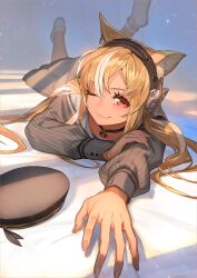 1girl animal_ears black_choker blonde_hair choker closed_mouth commentary dark-skinned_female dark_skin dress english_commentary feet_up hair_spread_out hat headphones highres hololive kemonomimi_mode lack long_hair looking_at_viewer lying multicolored_hair official_alternate_hairstyle on_stomach one_eye_closed orange_eyes pinstripe_dress pinstripe_pattern sailor_collar shiranui_flare shiranui_flare_(street) smile socks solo streaked_hair twintails unworn_hat unworn_headwear virtual_youtuber white_socks