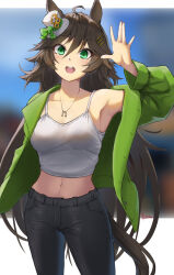 Rule 34 | 1girl, ahoge, alpaca (alpaca00011), alternate costume, armpits, bare shoulders, black hair, black pants, blurry, blurry background, blush, breasts, camisole, cleavage, commentary, cowboy shot, crop top, green eyes, green jacket, hair between eyes, hair ornament, hairclip, hand up, hat, highres, jacket, long hair, long sleeves, looking at viewer, medium breasts, midriff, mini hat, mini top hat, mr. c.b. (umamusume), navel, open clothes, open jacket, open mouth, pants, solo, standing, stomach, tail, thighs, top hat, umamusume, very long hair, white hat