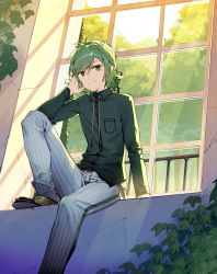 Rule 34 | 1boy, absurdres, backlighting, blouse, brown footwear, character request, closed mouth, collared shirt, copyright request, day, green eyes, green hair, green shirt, hand in own hair, highres, indoors, iriam, kitada mo, leg up, looking at viewer, male focus, pants, pinstripe pants, pinstripe pattern, plant, pocket, railing, shirt, shoes, short hair, sitting, smile, solo, striped clothes, striped pants, vertical-striped clothes, vertical-striped pants, vines, virtual youtuber, window