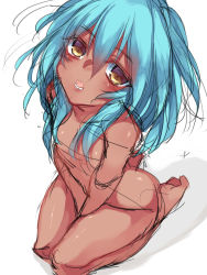 Rule 34 | 1girl, :o, between legs, blue hair, blush, completely nude, dark-skinned female, dark skin, emerada (xenogears), eyes visible through hair, from above, hair between eyes, hair over breasts, hand between legs, highres, hime gyo, lips, long hair, looking at viewer, looking up, navel, nude, open mouth, shadow, shiny skin, sitting, solo, teeth, tongue, wariza, xenogears, yellow eyes