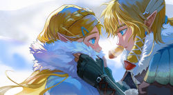 Rule 34 | 1boy, 1girl, absurdres, adjusting another&#039;s clothes, beautiful comet, black gloves, blonde hair, blue eyes, blush, braid, earrings, fingerless gloves, fur collar, gloves, hair between eyes, hair ornament, hair ribbon, hairclip, highres, jewelry, link, long hair, low ponytail, medium hair, nintendo, parted bangs, parted lips, pointy ears, princess zelda, profile, ribbon, sidelocks, the legend of zelda, the legend of zelda: breath of the wild, upper body, winter, winter uniform