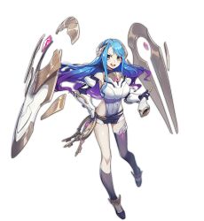 Rule 34 | 1girl, :d, ark order, artist request, asymmetrical legwear, belt, black belt, black shorts, blue gloves, blue hair, breasts, detached sleeves, full body, gloves, gradient hair, hand on own hip, heimdall (ark order), holding, horn (instrument), key, keyring, large breasts, leotard, long sleeves, looking to the side, multicolored hair, official art, open mouth, purple hair, short shorts, shorts, sidelocks, single sock, single thighhigh, smile, socks, solo, tachi-e, thighhighs, transparent background, uneven legwear, white footwear, white leotard