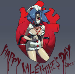 Rule 34 | + +, 1girl, alex ahad, bare legs, blood, blue hair, breasts, choker, cleavage, female focus, gloves, hacksaw, happy valentine, heart, heart (organ), lab zero games, large breasts, mask, mouth mask, name connection, no bra, nurse, red eyes, saw, skullgirls, solo, surgical mask, thighs, valentine, valentine (skullgirls), weapon, white gloves
