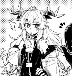 Rule 34 | 1girl, ahoge, arknights, bare shoulders, cup, disposable cup, dragon horns, drinking straw, drinking straw in mouth, gloves, greyscale, hand up, highres, holding, holding cup, horns, jacket, leizi (arknights), long hair, monochrome, off shoulder, open clothes, open jacket, out of frame, pointy ears, shirt, simple background, solo focus, sweatdrop, thick eyebrows, twitter username, very long hair, white background, yom (ymayma00ss)