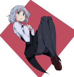 Rule 34 | 1girl, ass, blush, border, brown footwear, buta-don, dutch angle, green eyes, grey hair, loafers, open mouth, outside border, panties, panties under pantyhose, panty peek, pantyhose, red background, sanya v. litvyak, shoes, short hair, skirt, solo, strike witches, surprised, thighs, underwear, white border, world witches series