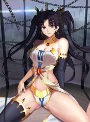 Rule 34 | 1girl, asymmetrical clothes, asymmetrical legwear, bare shoulders, black hair, black thighhighs, breasts, chain, cleavage, collar, crown, cyicheng, earrings, fate/grand order, fate (series), hair ribbon, hoop earrings, ishtar (fate), jewelry, long hair, looking at viewer, medium breasts, nail polish, navel, no bra, red eyes, ribbon, single thighhigh, sitting, solo, spread legs, strapless, sword, thighhighs, thighs, tohsaka rin, two side up, uneven legwear, weapon