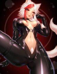 Rule 34 | animal ears, black bodysuit, bodysuit, braid, braided ponytail, breasts, cat ears, cat tail, center opening, facial mark, female pubic hair, highres, large breasts, lips, long hair, looking at viewer, multicolored hair, myra (myrathewhite), navel, original, pubic hair, red eyes, red hair, smile, tail, two-tone hair, w33ping cat