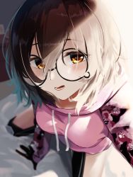 Rule 34 | 1girl, absurdres, android, blush, breasts, from above, glasses, highres, hololive, hood, hoodie, huge filesize, looking up, mechanical arms, mechanical legs, medium breasts, medium hair, on bed, open mouth, purple hoodie, roboco-san, roboco-san (hoodie), round eyewear, sl10 d, solo, sunlight, teardrop-framed glasses, virtual youtuber