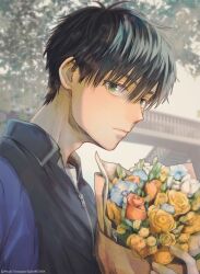 Rule 34 | 1boy, black hair, blue flower, bouquet, closed mouth, commentary request, fingernails, flower, green eyes, highres, holding, holding bouquet, koori zokusei danshi to cool na douryou joshi, looking at viewer, male focus, official art, outdoors, saejima (koori zokusei danshi), second-party source, solo, tonogaya, upper body, white flower, yellow flower, zipper, zipper pull tab
