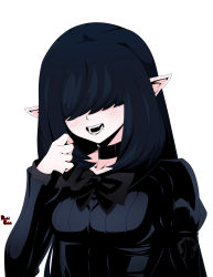 Rule 34 | 1girl, :d, absurdres, black bow, black bowtie, black choker, black hair, bow, bowtie, choker, covered eyes, facing viewer, hair over eyes, hand up, highres, long hair, long sleeves, lucia (reddgeist), open mouth, original, pointy ears, reddgeist, signature, simple background, smile, solo, upper body, white background