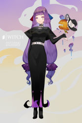 Rule 34 | 1girl, alternate costume, argyle, belt, black dress, black footwear, black gloves, black hat, blue ribbon, blunt bangs, bow, character name, crescent, crescent hair ornament, dress, elbow gloves, facial mark, fingerless gloves, full body, gloves, hair ornament, hair ribbon, hat, hat bow, highres, looking at viewer, patchouli knowledge, purple eyes, purple hair, purple ribbon, red ribbon, reeh (yukuri130), ribbon, solo, standing, tiptoes, touhou, white bow, witch hat