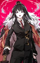 Rule 34 | 1girl, black gloves, black hair, black jacket, black pants, coat, coat on shoulders, collared shirt, cowboy shot, fire, fur-trimmed coat, fur trim, gloves, highres, jacket, library of ruina, long hair, munjiduck, necktie, open mouth, pants, project moon, red background, red coat, red eyes, red necktie, shirt, sidelocks, solo, very long hair, white shirt, xiao (project moon)