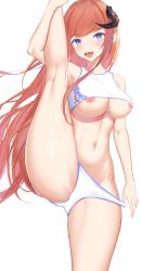Rule 34 | 1girl, absurdres, arknights, bagpipe (arknights), blue eyes, commentary request, female focus, groin, highres, leg lift, long hair, looking at viewer, navel, nipples, open mouth, panties, panty pull, red hair, sawaki ken, simple background, solo, striped clothes, striped panties, underwear
