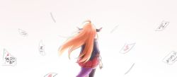Rule 34 | 1girl, ahoge, back, bow, commentary, dragon girl, dragon horns, dragon tail, floating hair, from behind, heart, highres, hololive, horn bow, horn ornament, horns, kiryu coco, kiryu coco (1st costume), long hair, mittsu, orange hair, paper, pleated skirt, red skirt, simple background, skirt, solo, striped, striped bow, tail, thank you, thighhighs, virtual youtuber, wavy hair, zettai ryouiki