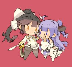 Rule 34 | 2girls, ahoge, azur lane, black hair, bow, chibi, commentary request, dress, hair bow, holding, holding sword, holding weapon, long hair, military, military uniform, mota, multiple girls, pantyhose, ponytail, purple hair, red background, ribbon, simple background, stuffed animal, stuffed toy, stuffed winged unicorn, sword, takao (azur lane), unicorn (azur lane), uniform, very long hair, weapon, white dress, | |, || ||