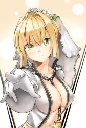 Rule 34 | 10s, 1girl, between breasts, bodysuit, breasts, bridal veil, chain, cleavage, closed mouth, fate/extra, fate/extra ccc, fate (series), foreshortening, green eyes, highres, i.f.s.f, large breasts, lock, nero claudius (bride) (fate), nero claudius (fate), nero claudius (fate) (all), outstretched arm, pointing, pointing at viewer, sidelocks, smile, solo, unzipped, veil