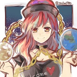 Rule 34 | 1girl, chain, clothes writing, collar, collarbone, earth (ornament), earth (planet), hat, heart, hecatia lapislazuli, moon (ornament), planet, red eyes, red hair, short sleeves, sketch, socha, solo, touhou