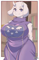 Rule 34 | 1girl, animal ears, arms behind back, artist name, blush, book, bookshelf, border, breasts, closed mouth, cowboy shot, dress, fang, fang out, female focus, furry, furry female, goat ears, goat girl, happy, highres, horns, huge breasts, indoors, long sleeves, looking to the side, mature female, outside border, purple dress, purple eyes, ryuusui arumo, shiny clothes, shirt, signature, skin fang, sleeveless, sleeveless dress, smile, solo, standing, thighs, toriel, undertale, white border, white shirt, wide hips
