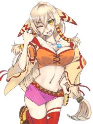 Rule 34 | 1girl, blonde hair, breasts, cleavage, cosplay, feena (grandia), grandia, hair ornament, hair tubes, jewelry, long hair, looking at viewer, low-tied long hair, marchkun sub, midriff, navel, necklace, nijisanji, nui sociere, one eye closed, simple background, skirt, smile, solo, thighhighs, virtual youtuber, white background, yellow eyes