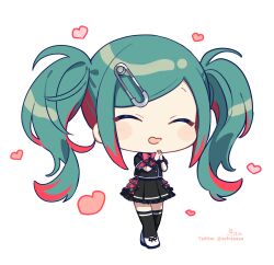 Rule 34 | 1girl, ^ ^, black shirt, black skirt, black thighhighs, blush stickers, chibi, closed eyes, facing viewer, full body, green hair, hands up, hatsune miku, heart, highres, leo/need (project sekai), leo/need miku, multicolored hair, open mouth, own hands together, plaid, pleated skirt, red hair, safety pin, shirt, shoes, short sleeves, signature, simple background, skirt, sofra, solo, standing, streaked hair, swept bangs, thighhighs, twitter username, vocaloid, white background, white footwear