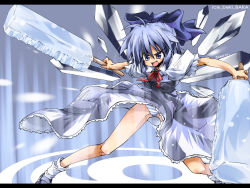 Rule 34 | 1girl, ahoge, angry, blue eyes, blue hair, blush, bow, circled 9, cirno, crystal sword, delusion overdose, dress, dual wielding, fang, female focus, fighting stance, food, frills, hair bow, holding, ice, legs, letterboxed, magic, matching hair/eyes, matsuno canel, open mouth, panties, pantyshot, phantasmagoria of flower view, popsicle, ribbon, shoes, short hair, signature, socks, solo, standing, striped clothes, striped panties, sword, touhou, underwear, wallpaper, weapon, wind, wind lift, wings