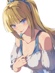 Rule 34 | 1girl, bare shoulders, blonde hair, blouse, blue eyes, blunt bangs, blush, breasts, chiharu (9654784), cleavage, clothes pull, collarbone, commentary request, detached sleeves, frilled sleeves, frills, highres, karuizawa kei, long hair, looking at viewer, medium breasts, ponytail, pulling own clothes, scrunchie, shirt, shirt pull, sidelocks, simple background, solo, tank top, teasing, tongue, tongue out, upper body, white background, white shirt, youkoso jitsuryoku shijou shugi no kyoushitsu e