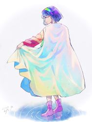 Rule 34 | 1girl, :|, blue eyes, blue hair, boots, cape, closed mouth, commentary, dated, from behind, full body, headband, highres, holding, holding cape, holding clothes, long sleeves, m (neteitai10), multicolored clothes, patchwork clothes, puffy long sleeves, puffy sleeves, purple footwear, rainbow gradient, ripples, short hair, signature, solo, tenkyuu chimata, touhou, water, white cape, zipper dress