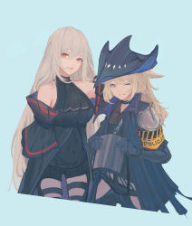 Rule 34 | 2girls, absurdres, arknights, armband, armpits, bare shoulders, black headwear, black pants, black shirt, black shorts, blue background, blue gloves, blue jacket, borrowed clothes, brown hair, commentary, cropped legs, english commentary, gloves, grani (arknights), grey eyes, grey hair, hair between eyes, hat, highres, holding, jacket, long hair, looking at viewer, multiple girls, one eye closed, open clothes, open jacket, pants, parted lips, red eyes, shirt, short shorts, shorts, simple background, skadi (arknights), skadi (elite ii) (arknights), sleeveless, sleeveless shirt, smile, storia, vambraces, very long hair