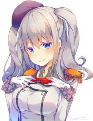 Rule 34 | 10s, 1girl, bad id, bad pixiv id, blue eyes, blush, closed mouth, epaulettes, frilled sleeves, frills, gloves, grey hair, hair between eyes, hands on own chest, highres, kantai collection, kashima (kancolle), long hair, looking at viewer, nonomaro, simple background, smile, solo, twintails, twitter username, upper body, white background, white gloves