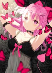 Rule 34 | 1girl, :o, ahoge, arm strap, armpits, arms up, bare shoulders, black choker, blush, bow, breasts, bug, butterfly, choker, cleavage, closed mouth, collarbone, commentary, cross hair ornament, demon girl, demon tail, floral print, hair bow, hair ornament, insect, lace, lace choker, lingerie, looking at viewer, navel, negligee, original, parted lips, pink bow, pink eyes, pink hair, see-through, small breasts, solo, symbol-only commentary, tail, toujou mina, two side up, underwear, underwear only