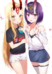 Rule 34 | 2girls, bare shoulders, belt, belt buckle, black shirt, blonde hair, blouse, blue sky, blush, breasts, buckle, cleavage, closed mouth, collarbone, commentary request, contemporary, cup, denim, denim shorts, denim skirt, disposable cup, double v, drinking straw, earrings, facial mark, fate/grand order, fate (series), fingernails, forehead mark, headpiece, highres, holding, holding cup, horns, ibaraki douji (fate), jewelry, kubong, long hair, multiple girls, off shoulder, oni, pink belt, pointy ears, purple eyes, purple hair, shirt, short hair, short shorts, short sleeves, shorts, shuten douji (fate), simple background, skin-covered horns, skirt, sky, small breasts, thick eyebrows, thighhighs, torn clothes, torn shorts, v, very long hair, white background, white legwear, white shirt, white shorts, yellow eyes