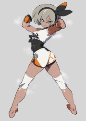 Rule 34 | 1girl, ass, barefoot, bea (pokemon), black bodysuit, black hairband, bodysuit, bodysuit under clothes, breasts, closed mouth, creatures (company), dark-skinned female, dark skin, full body, game freak, gloves, grey eyes, grey hair, gym leader, hair between eyes, hairband, highres, jikatarou, knee pads, legs, looking at viewer, looking back, nintendo, orange gloves, outstretched arm, pokemon, pokemon swsh, print shorts, shirt, short hair, short sleeves, shorts, simple background, single glove, small breasts, solo, tied shirt, two-tone gloves, white shirt, white shorts
