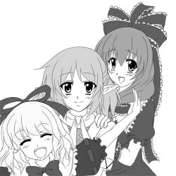 Rule 34 | 3girls, arm ribbon, blush, bow, curly hair, closed eyes, female focus, frills, front ponytail, greyscale, hair bow, hair ornament, hair ribbon, hand on shoulder, happy, kagiyama hina, long hair, lowres, medicine melancholy, mizuhashi parsee, monochrome, multiple girls, open mouth, outstretched arm, pointy ears, ribbon, scarf, short hair, smile, touhou, yonpachi