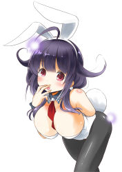 Rule 34 | 1girl, absurdres, ahoge, animal ears, between breasts, black pantyhose, breasts, cowboy shot, detached collar, fake animal ears, glowing, hair flaps, highres, kantai collection, large breasts, leaning forward, leotard, looking at viewer, low twintails, necktie, one-hour drawing challenge, pantyhose, playboy bunny, purple hair, rabbit ears, rabbit tail, red eyes, red necktie, simple background, solo, strapless, strapless leotard, taigei (kancolle), tail, taisinkoku, tongue, tongue out, twintails, white background, white leotard, wrist cuffs