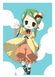 Rule 34 | 00s, 1girl, :d, blue background, dress, drill hair, full body, green eyes, green hair, hair ornament, heart, heart hair ornament, kanaria, long sleeves, matching hair/eyes, open mouth, puffy pants, rozen maiden, short hair, simple background, smile, solo, twin drills, waving, yellow dress