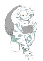 Rule 34 | 1girl, commentary, greyscale, highres, lizard tail, looking at viewer, mitsuya ryo, monochrome, original, own hands together, puffy sleeves, short hair, short shorts, shorts, simple background, slit pupils, smile, solo, spot color, standing, symbol-only commentary, tail, yellow eyes
