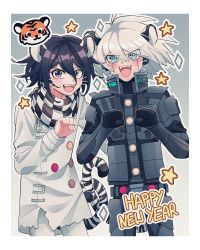 Rule 34 | 2boys, ahoge, android, animal ears, animal print, black gloves, black hair, black scarf, blush, border, buttons, checkered clothes, checkered scarf, cheer (cheerpuppy14), danganronpa (series), danganronpa v3: killing harmony, double-breasted, fangs, flipped hair, gloves, gradient background, grey background, grey eyes, grey hair, grey jacket, grey pants, hair between eyes, happy new year, highres, jacket, k1-b0, medium hair, multiple boys, new year, oma kokichi, open mouth, outline, pants, scarf, short hair, smile, tail, teeth, tiger ears, tiger print, tiger tail, upper teeth only, white border, white outline, white scarf