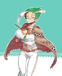 Rule 34 | 1girl, bad drawr id, bad id, cape, capelet, cleavage cutout, closed eyes, clothing cutout, creatures (company), dartrix, decidueye, game freak, gen 7 pokemon, glasses, meme attire, multicolored hair, nintendo, open-chest sweater, personification, pokemon, pokemon sm, ribbed sweater, short hair, simple background, smile, solo, sudeni sokurou, sweater, turtleneck, two-tone hair