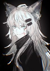Rule 34 | 1girl, absurdres, animal ear fluff, animal ears, arknights, black background, black jacket, blood, blood on face, blue eyes, closed mouth, commentary request, hair between eyes, hair ornament, hairclip, highres, jacket, lappland (arknights), long hair, looking at viewer, pnanyu, scar, scar across eye, solo, upper body, white hair