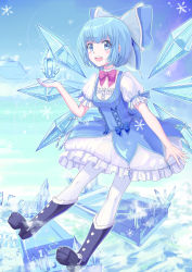 Rule 34 | 1girl, alternate costume, bad id, bad pixiv id, blue dress, blue eyes, blue hair, bow, cirno, dress, fairy wings, hair bow, highres, huanghyy, ice, ice wings, matching hair/eyes, open mouth, puffy sleeves, short hair, solo, touhou, wings
