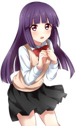 Rule 34 | 10s, 1girl, black skirt, blush, bow, bowtie, collared shirt, cowboy shot, highres, leaning forward, long hair, long sleeves, looking at viewer, love live!, love live! school idol festival, md5 mismatch, open mouth, pleated skirt, purple hair, red bow, red bowtie, red eyes, school uniform, sekina, shirt, simple background, skirt, solo, sweatdrop, sweater vest, tatara ru, very long hair, white background, white shirt, wing collar