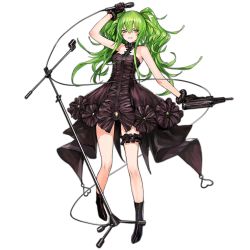 Rule 34 | 1girl, bare shoulders, black dress, black footwear, black gloves, boots, bridal garter, calico light weapons systems, calico m950, calico m950a, cheek pistol, double-stack magazine, dress, floating hair, full body, girls&#039; frontline, gloves, green hair, grin, gun, hair between eyes, handgun, helical magazine, high-capacity magazine, holding, holding gun, holding microphone, holding weapon, infukun, long hair, looking at viewer, m950a (concert diva!) (girls&#039; frontline), m950a (girls&#039; frontline), machine pistol, microphone, microphone stand, official alternate costume, official art, parted lips, pistol, shadow, sidelocks, smile, solo, standing, stubby grip, teeth, transparent background, twintails, vertical forward grip, weapon, yellow eyes