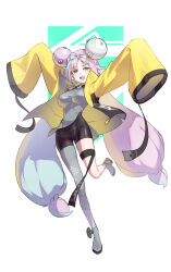 1girl :d absurdres arms_up bike_shorts blue_hair blush boots bow-shaped_hair breasts creatures_(company) full_body game_freak grey_footwear grey_pantyhose grey_shirt highres iono_(pokemon) jacket large_breasts leg_up light_blue_hair long_hair looking_at_viewer multicolored_hair nintendo off_shoulder open_clothes open_jacket open_mouth pantyhose pink_hair pokemon pokemon_sv sharp_teeth shirt single_leg_pantyhose smile solo star_(symbol) star_print sushispin teeth thigh_strap twintails two-tone_background two-tone_hair upper_teeth_only very_long_hair very_long_sleeves wide_sleeves yellow_jacket